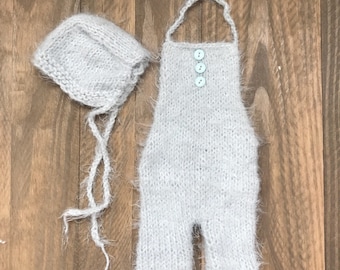 Rompedor difuso para recién nacidos, traje de punto para recién nacido, saltador azul brumoso, prop de la foto del recién nacido, prop de la foto del bebé, sombrero del recién nacido