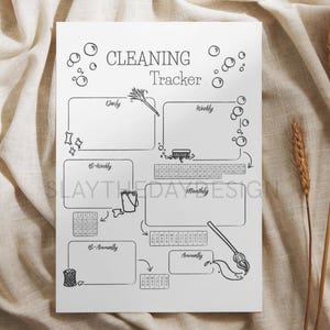 May include: A black and white cleaning tracker with the words "CLEANING Tracker" at the top. The tracker includes sections for daily, weekly, bi-weekly, bi-annually, monthly, and annually tasks. The design includes illustrations of cleaning tools.