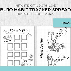 Può includere: Un foglio di tracciamento delle abitudini di viaggio stampabile con due pagine. La prima pagina ha il titolo "Places to Go" con una macchina fotografica, un aereo e 12 cornici vuote. La seconda pagina ha il titolo "Places I've Been" con una mappa del mondo e la parola "TRAVEL" in un riquadro blu.