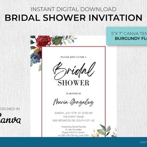 Canva Bridal Shower Invite Template - Burgundy, Floral Invitation, 5x7 Canva Template, Digital Download