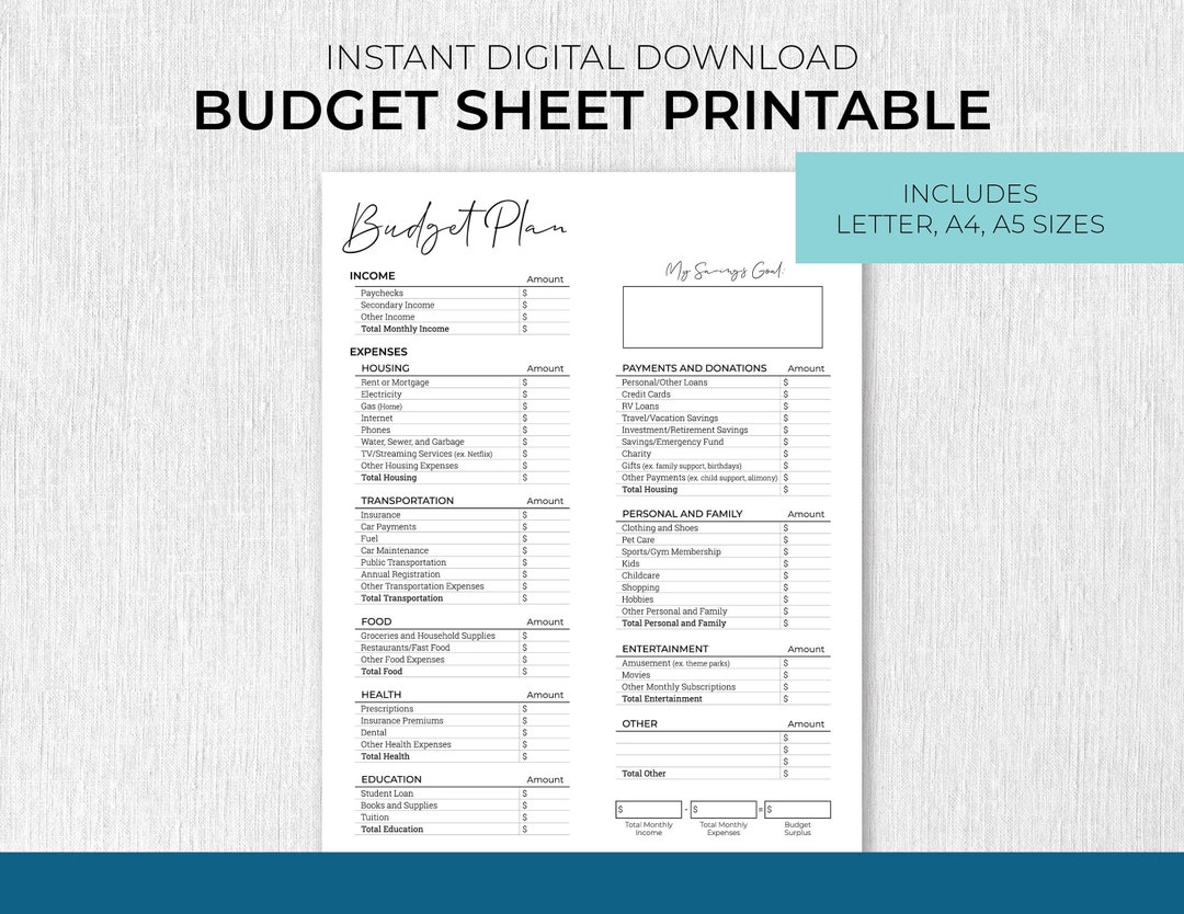 A4 A5 PDF Budget Template Simple Finance Planner Monthly Weekly Savings ...