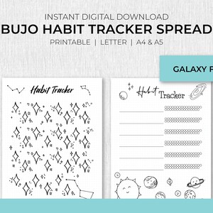 May include: Printable black and white habit tracker spread with a galaxy theme. The left page features a grid of stars and constellations. The right page has a list of habits with circles for tracking progress and a galaxy illustration with planets and stars.