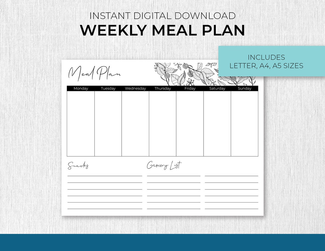 Meal Planner Printable, Weekly Menu Plan, Meal Prep, Meal Plan, Black ...