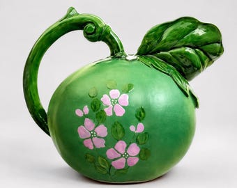 Ceramiczny dzbanek w kształcie zielonego pomidora, fantazyjny majolikowy, francuski styl barbotine, botaniczny