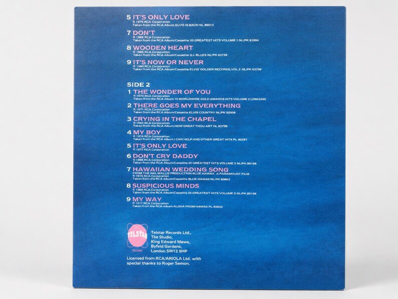 The back of a blue cardboard record sleeve displaying a printed tracklist and a pink circular logo against a white background.