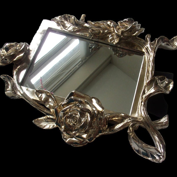 Hollywood Regency Mirror w Roses Leaves Silverplated Tabletop Mirror Old Hollywood Glam Art Nouveau Accent Mirror Vanity Boudoir Mirror EVC