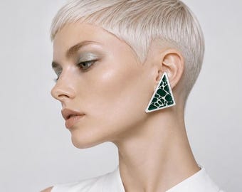 Brutalist Memphis Terrazzo Clip On Earrings UK Made Geometric Polymer Clay Statement Dangles White Green Mosaic