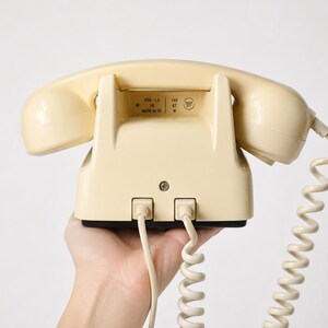 A hand holding a cream-colored rotary telephone from behind showing the handset resting on the base and two cables plugged into the back panel against a white background.