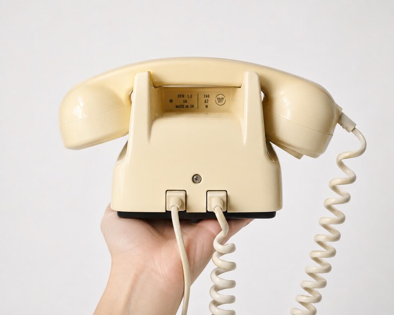 A hand holding a cream-colored rotary telephone from behind showing the handset resting on the base and two cables plugged into the back panel against a white background.