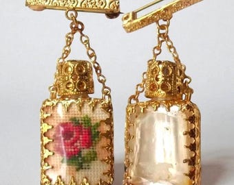 Perfume Bottle Rose Brooch Art Deco Brass Filigree