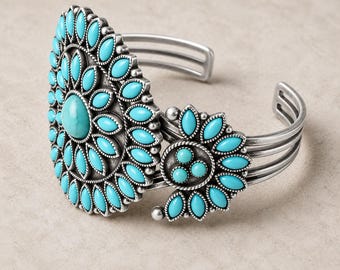 Vintage Sterling Silver Navajo Multi Turquoise Hinged Cuff Bangle
