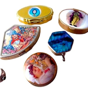 Vintage Enamel Trinket Box: Gold Tone Pillbox, Fan & Clown Design