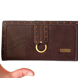 Portafoglio retrò MUNDI, stile marrone-arancio, pelle lavorata a mano, pelle perforata, portafoglio classico con cerniera, elegante porta carte, moda senza tempo