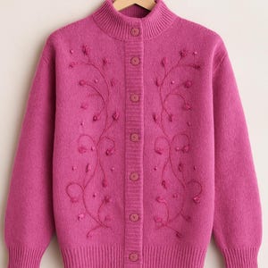 Lilac mohair oversized cardigan with textured knit and buttons worn with a black skirt.