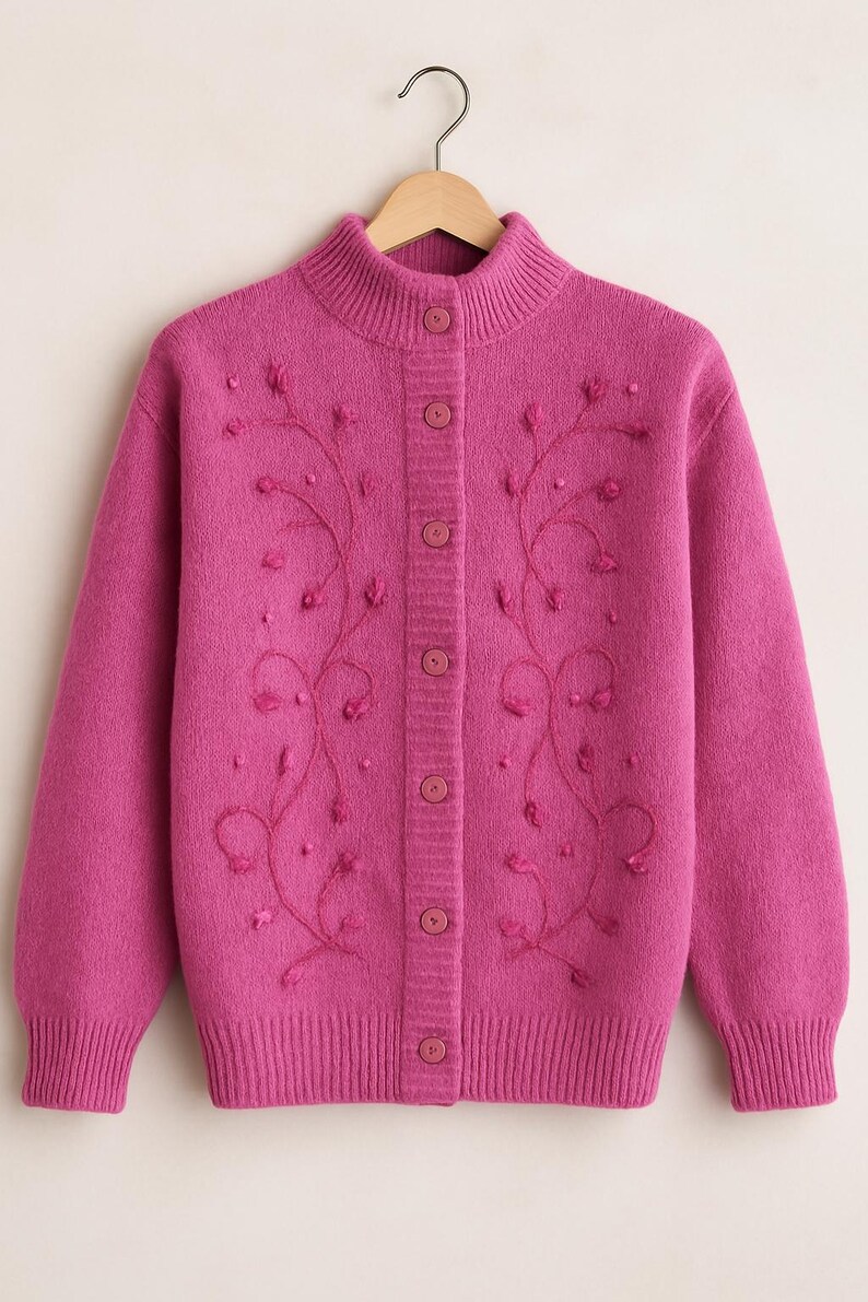 Lilac mohair oversized cardigan with textured knit and buttons worn with a black skirt.
