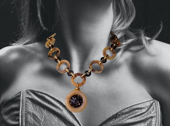 Art Deco Chain Link Pendant Necklace Faux Tortois… - image 5