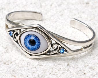 USA Silver Eye Cuff Bracelet – Filigree Boho Bangle Blue or Brown Iris