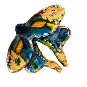 Handmade Blue & Gold Butterfly Brooch: Art Nouveau Lace Wing Pin