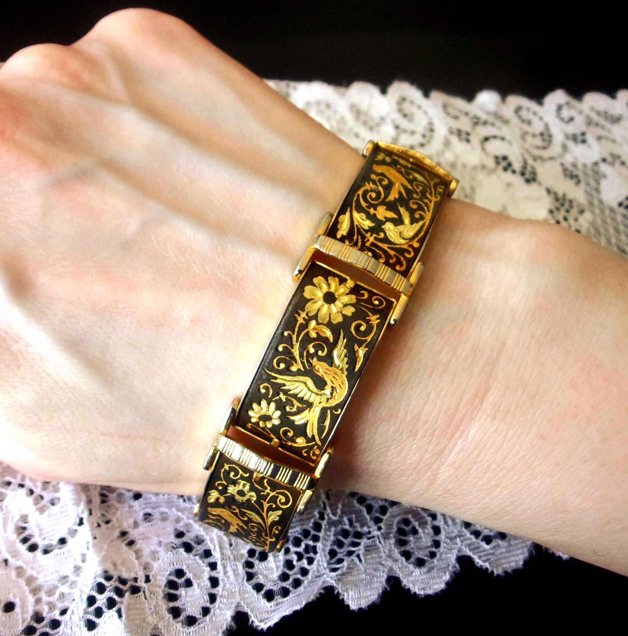 Bracelet damas oiseau et fleurs : bijoux Toledo vintage en plaqué or