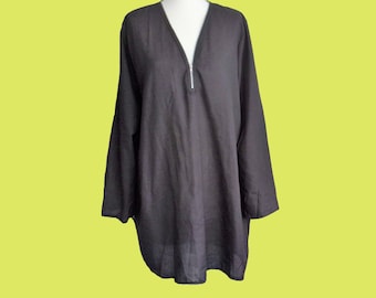 Classic Black V-neck Zip Front Shift Midi Summer Dress UK Size 12 Long Sleeves Tunic Kaftan Loose Fit Casual Wear A-line