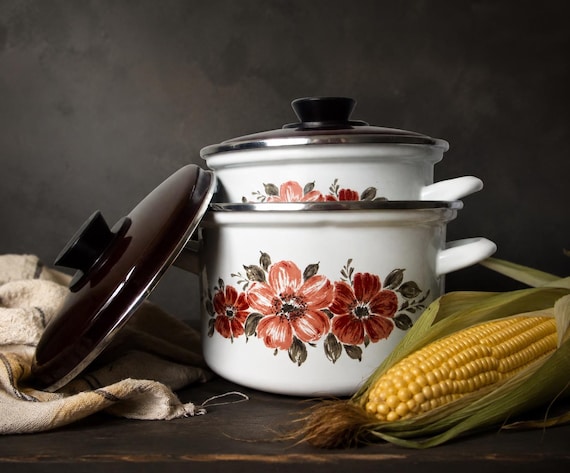 Spring 70s Enamel Pots Floral Steel Cookware Set Vintage Duo - Etsy
