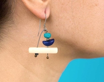 Art Deco Earrings: 1920s Geometric Style, Sterling Silver Ear Wire, Turquoise  Lapis Lazuli Stone