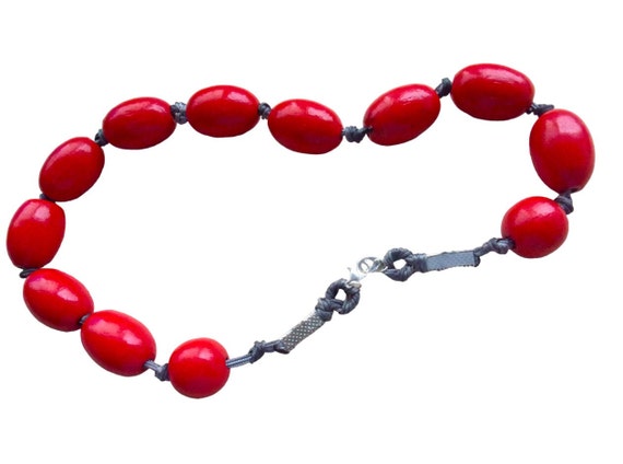 Chunky Red Bead Wood Necklace Stackable with Grey… - image 4