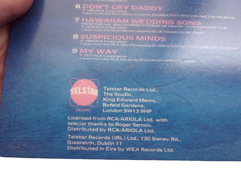 A close-up shot of the lower portion of a blue record sleeve back cover showing the tracklist, the circular pink Telstar logo, and company address credits on a white surface.