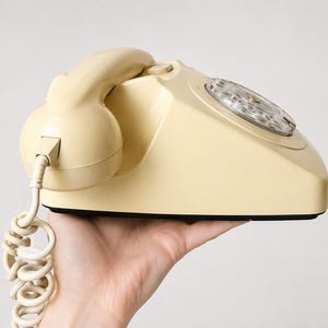 A side profile view of a cream-colored rotary dial telephone resting on a hand against a white background.