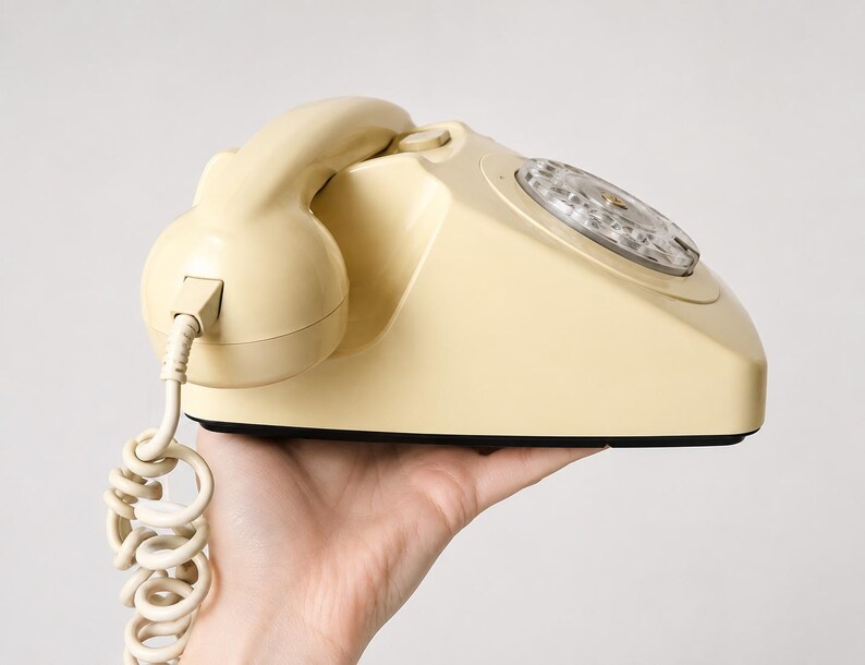 A side profile view of a cream-colored rotary dial telephone resting on a hand against a white background.