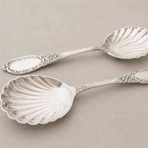 Può includere: Due cucchiai da portata d'argento con manici ornati e conche a forma di conchiglia. I cucchiai sono esposti su uno sfondo grigio neutro. I manici hanno un design ovale con dettagli floreali.