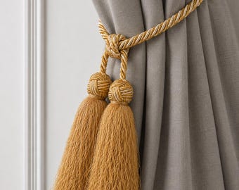 Sky Blue and Gold Cord Tiebacks Twisted Rope Curtain Holdbacks Silky Tassel Cozy Accent