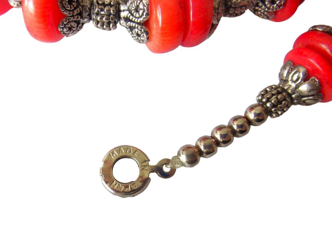 Collier Cravate Vintage Égyptien En Perles De Verre Corail - Longueur 41-45cm - Alliage - Occasion