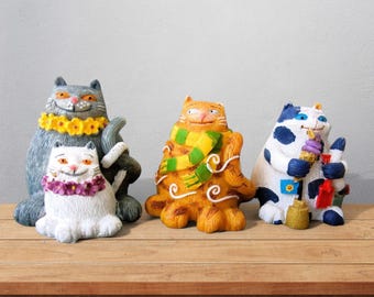 Handmade Resin Cat Figurines: Miniature Sculpture Style, Eco Resin Material, Fantasy Cottagecore Motif
