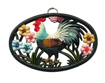 Rustic Rooster Trivet Cast Iron Vintage Charm Kitchenalia -Floral French Ornate Trivet and Wall Décor Farmhouse Kitchen Countryside Décor