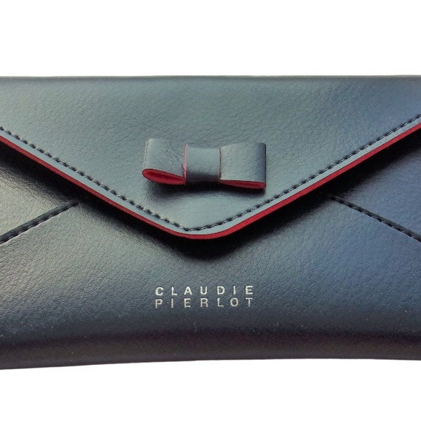 Claudie Pierlot Envelope Wallet Purse Red Bow Accent Blue Vegan Leather French Luxury Minimal Style Blue Envelope Clutch Casual Zip Pockets