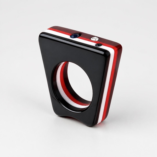 70s Striped Resin Band Statement Ring — Layered Lucite • Mod Geometric • Sculptural Square Top