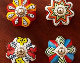 10 pcs Vintage Hand Painted Ceramic Drawer Knobs from Portugal — Boho Home Decor Gift
