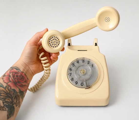 Cream Rotary Telephone Mechanical Plastic Desk Phone Nostalgic USA Office Decor Accent Vintage 1980s GPO 746 Mid Century Shelf Styling Prop