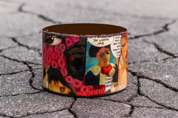 Comic Book Jewelry: Retro Pop Art Bangle, Upcycled Wood Cuff, Collage Graphic Novel