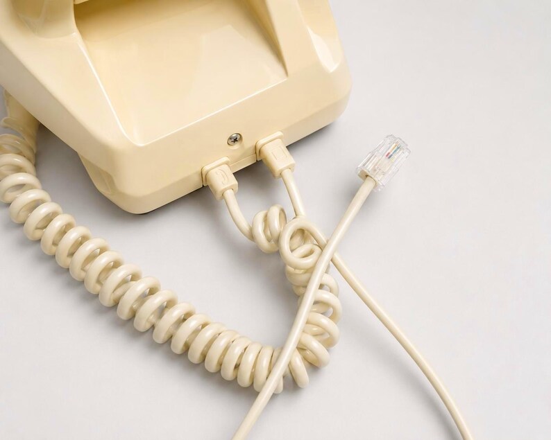 A close-up view of the back panel of a cream-colored telephone showing the coiled handset cord and a straight line cord with a clear plastic modular plug against a white background.