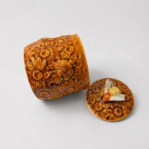 Vintage Bee Bowl: Midcentury Majolica Pottery, Handpainted Ceramic, Sunflower Motif, Orange Glaze