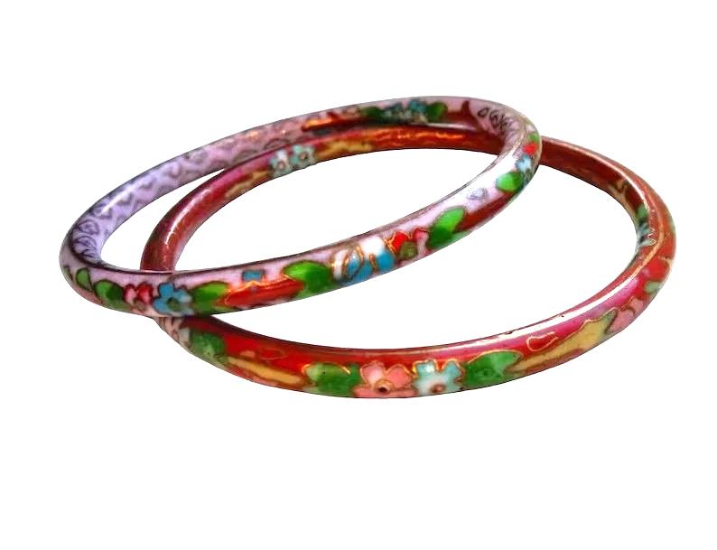 Vintage Brass Enamel Bangle Bracelet Set: 80s Floral Boho Jewelry