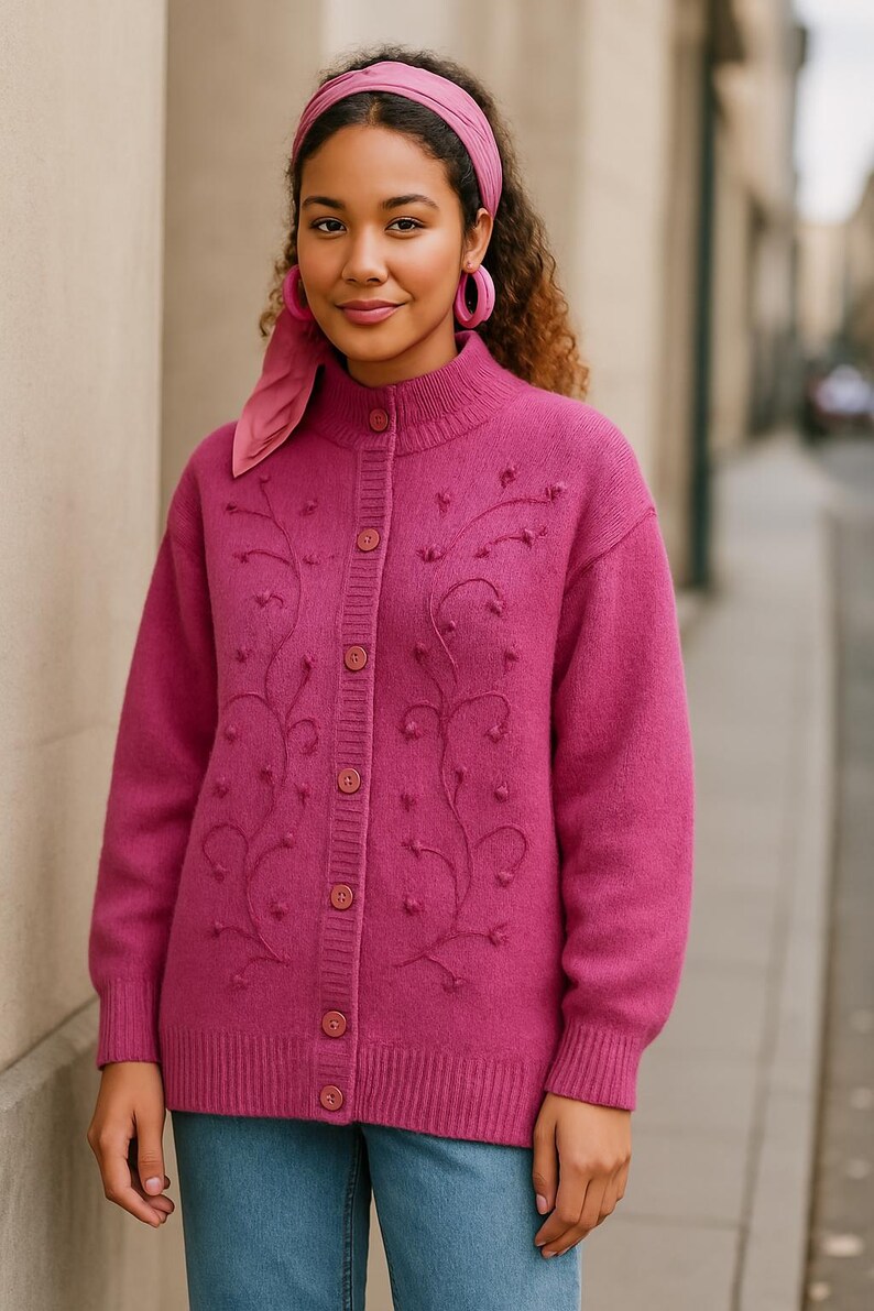 Lilac mohair oversized cardigan with textured knit and buttons worn with a black skirt.