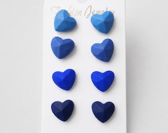 USA Blue Heart Stud Set of 4 Pair Polymer Clay Faceted Studs UK Made