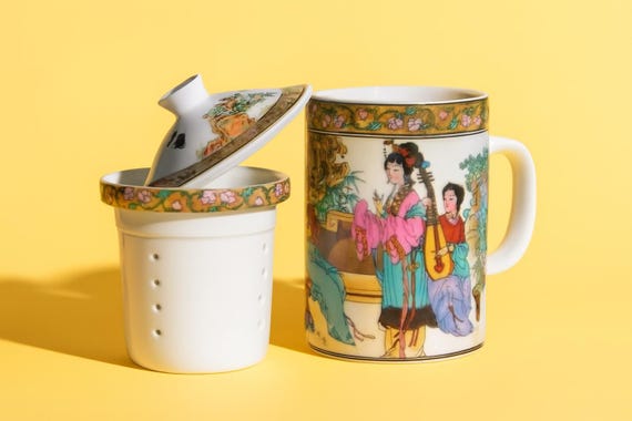 Vintage Tea Set: 2000s Asian Style, White Porcelain Mug with Infuser, Lotus Flower Motif