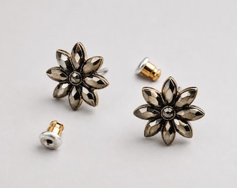 Grunge Luxury Metallic Floral Studs, Dark Crystal Glass Petal Earring