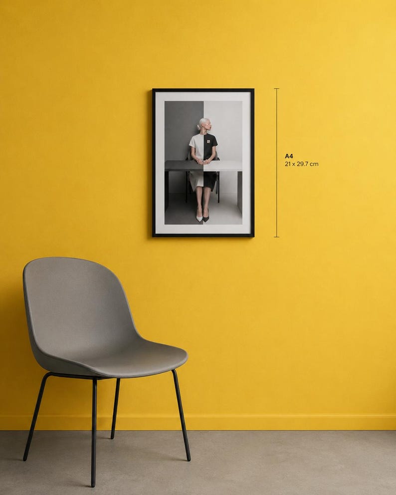 A framed A4 art print displayed on a vibrant yellow interior wall. The artwork features a minimalist portrait of a seated woman in a monochrome black-and-white composition, presented within a sleek black frame. A stylish grey upholstered accent chair sits nearby, creating a modern Scandinavian-inspired interior that highlights the scale of the A4 print.