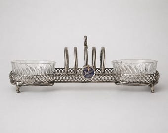Art Deco Breakfast Set: Chrome Tableware & Vintage Glass Bowl with Toast Rack