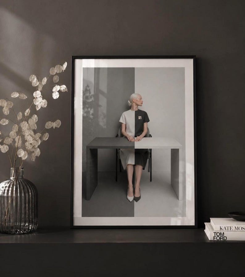 Minimalist black and white fashion photography print in a moody modern interior, framed wall art with subtle glass reflections, dark charcoal wall, smoked glass vase with dried white florals, contemporary Scandinavian home decor.